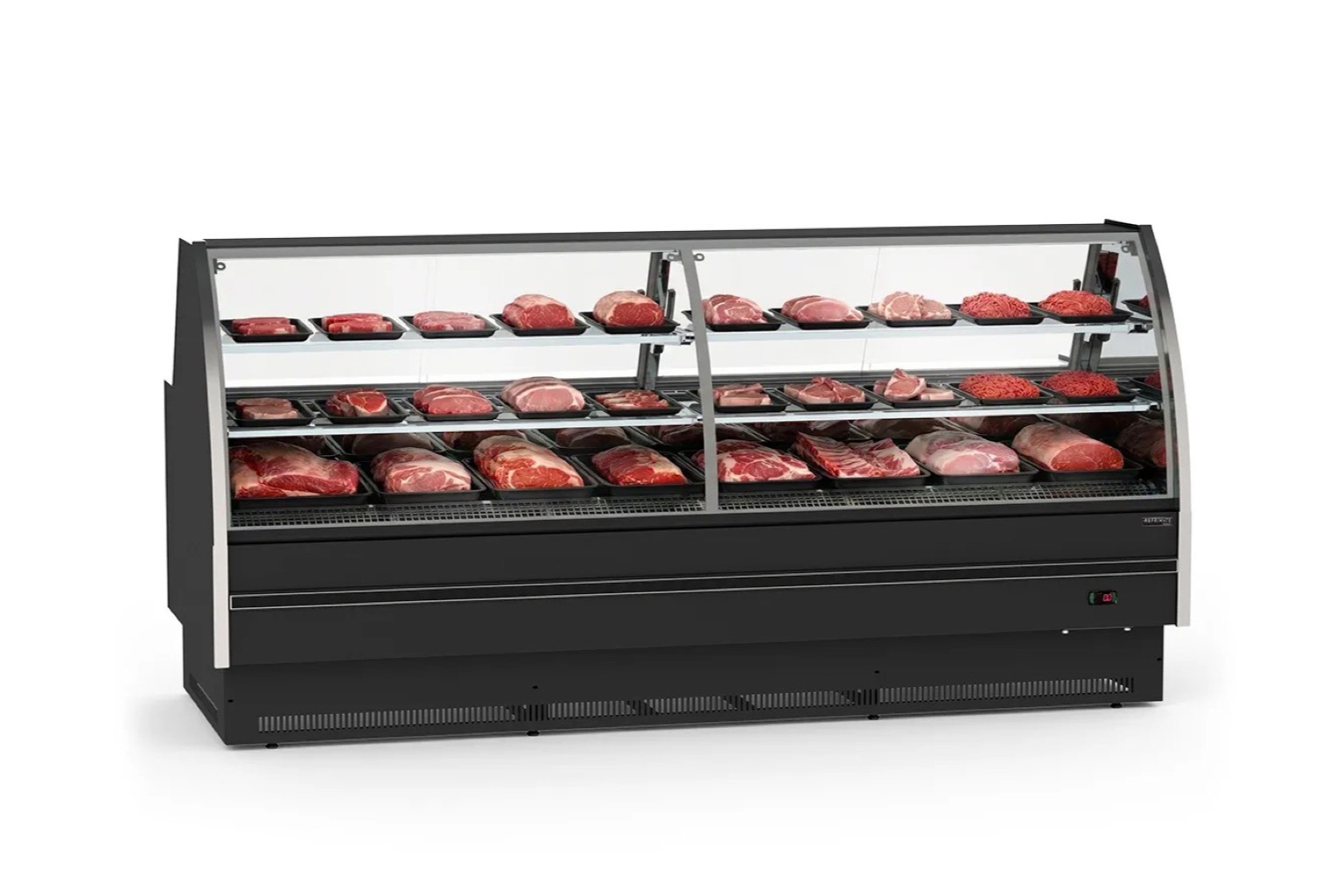 Balcão refrigerado com vidro curvo para exposição em padaria ou confeitaria