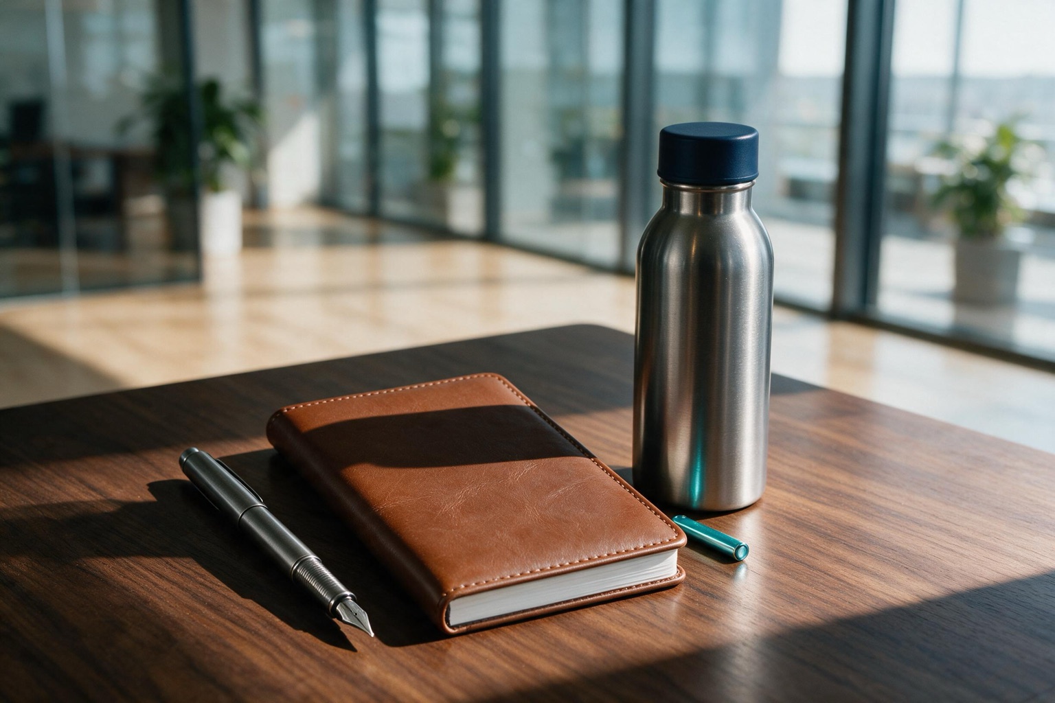 Kit executivo premium com conjunto de canetas, agenda em couro e garrafa térmica