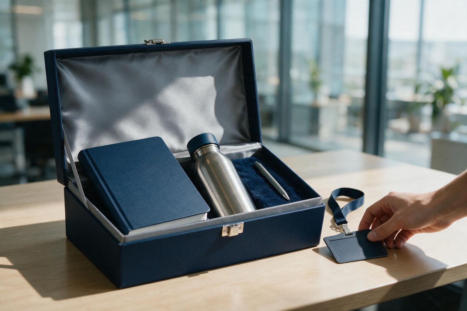 Kit de onboarding com caderno, copo térmico, suporte de celular e pasta