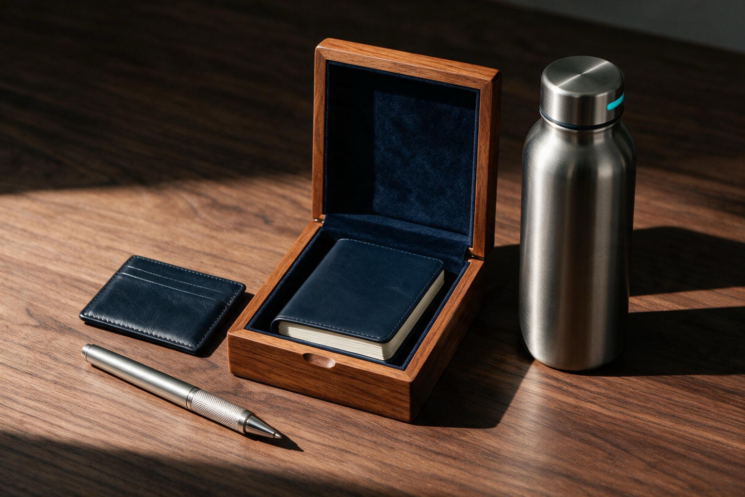Vitrine de brindes premium: itens em metal, couro e madeira com personalização discreta