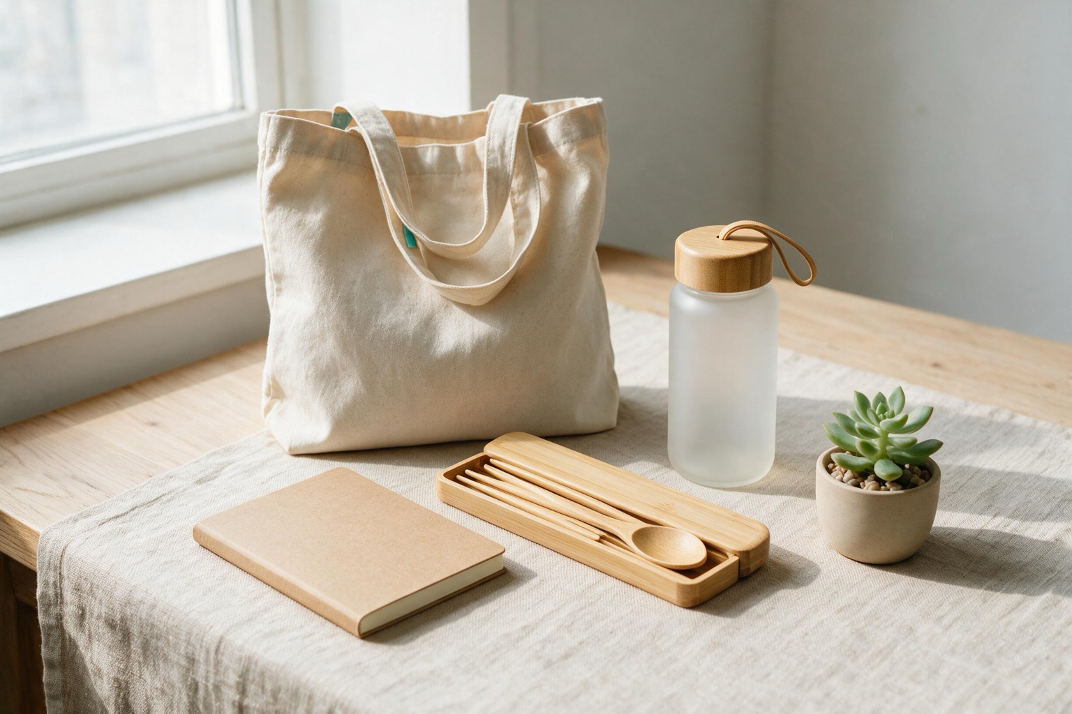 Vitrine de brindes sustentáveis: itens em bambu, algodão reciclado e papel kraft personalizados