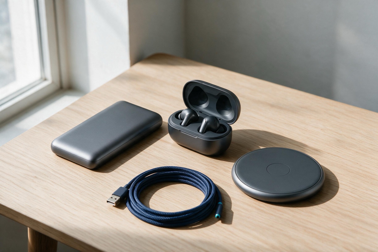 Vitrine de brindes de tecnologia: power bank, fone de ouvido e acessórios de carregamento personalizados