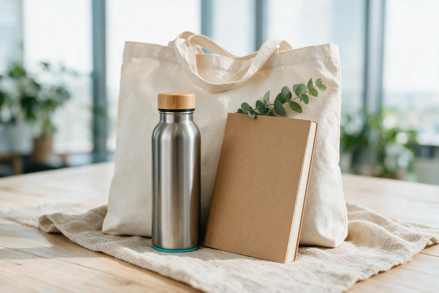 Kit ESG sustentável com ecobag de algodão, squeeze de bambu e caderno em papel kraft personalizados