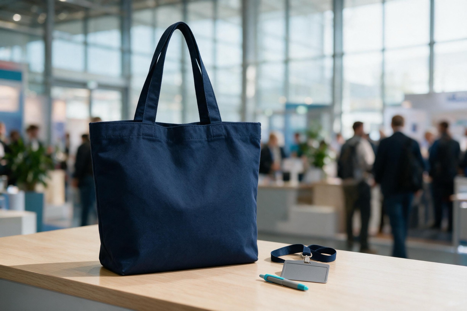 Kit para eventos corporativos com sacola de credenciamento, crachá, cordão e brinde de estande personalizados