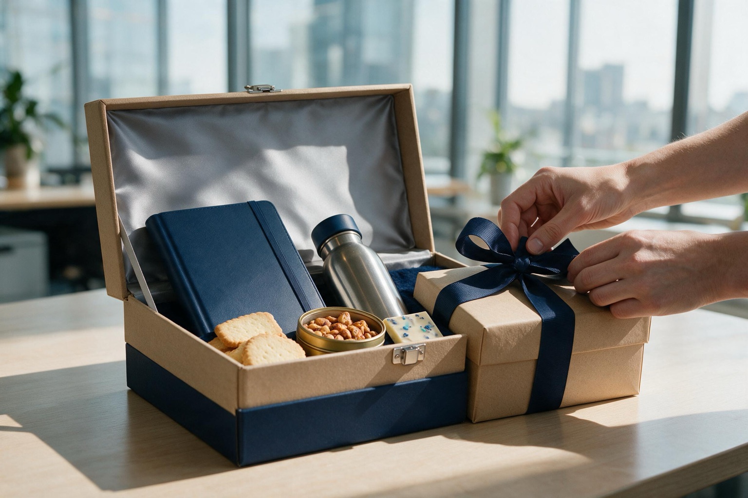 Kit de Natal corporativo com itens gourmet, agenda personalizada e embalagem festiva
